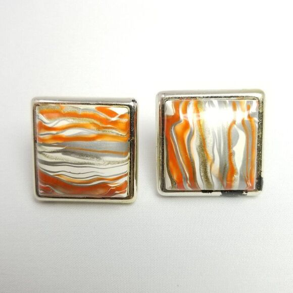 Vintage Orange and White Marbled Square Stud Earrings, Retro Design, Estate - Picture 1 of 7